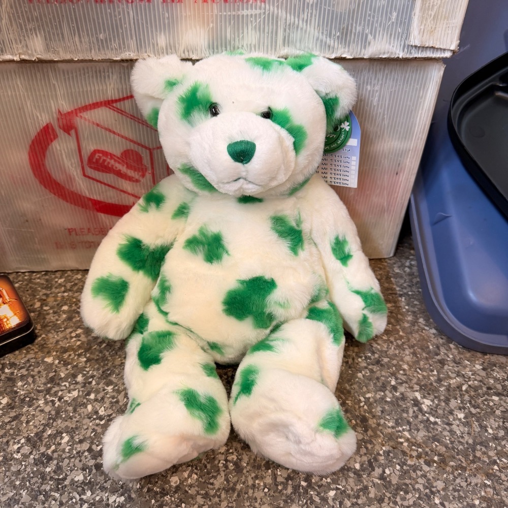 Build-A-Bear Workshop Lucky Teddy Green Shamrock Spotted White Plush 004255 NWT